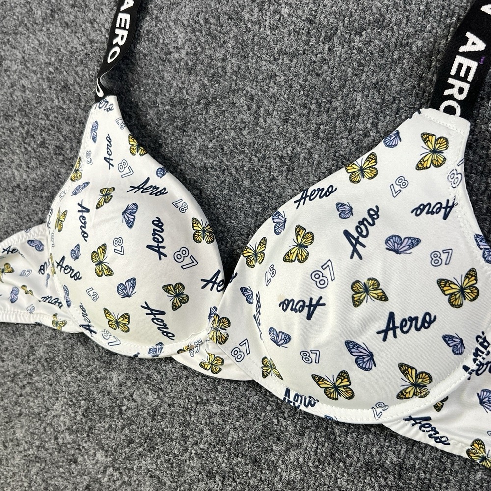 Aéropostale Aero 87 Butterfly Print Bra‎ 38C White Yellow Blue Logo Strap Read